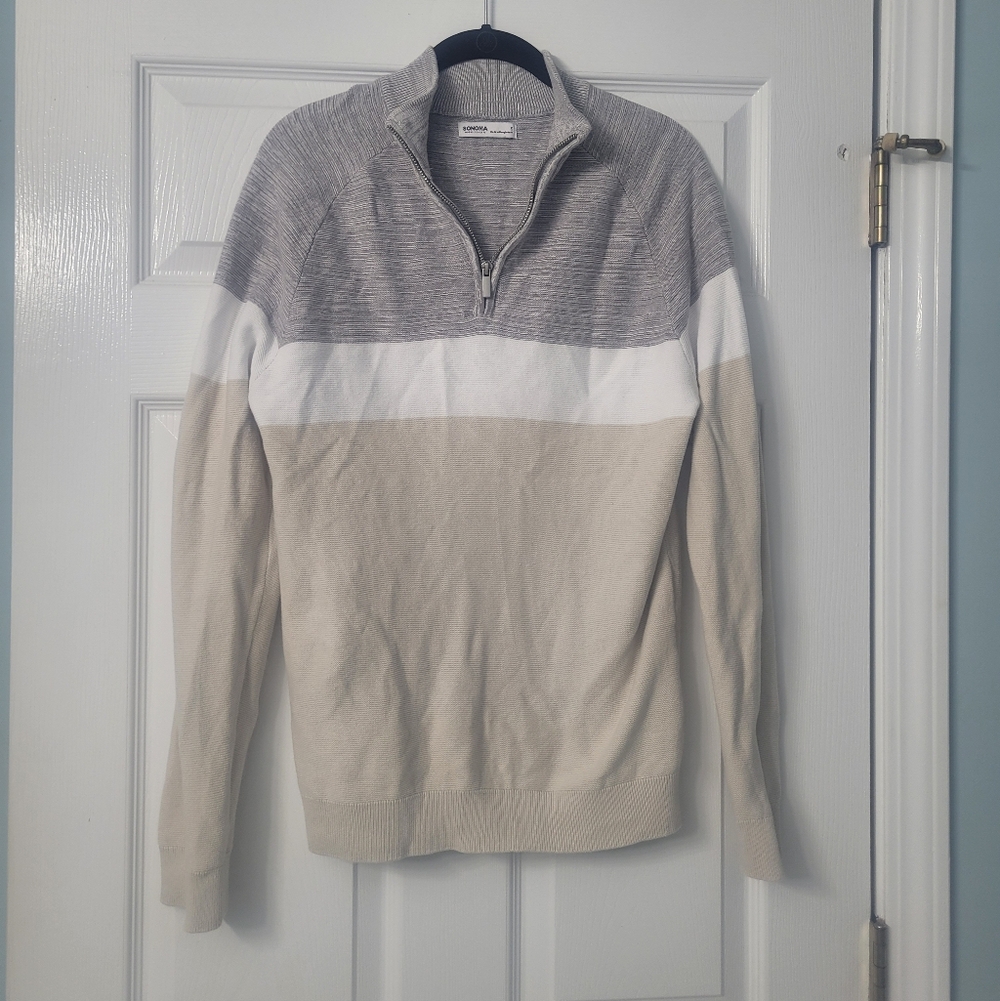 Sonoma Men's Colorblock Quarter-Zip Sweater in Light Gray, White & Tan